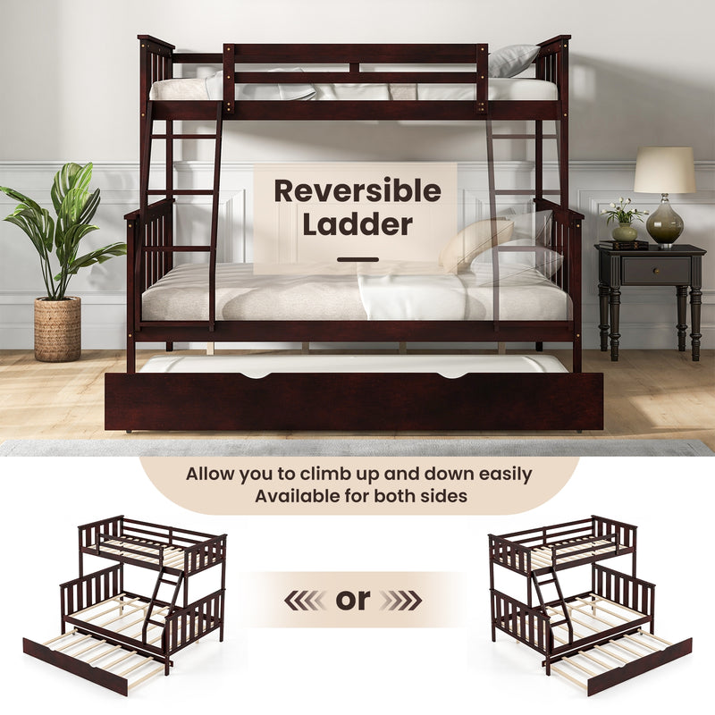 3-in-1 Twin Over Full Bunk Bed with Trundle and Ladder-Espresso