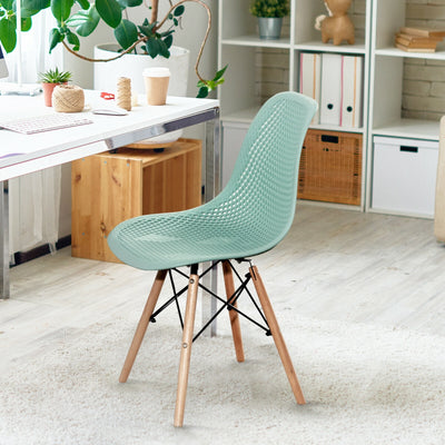 2 Pcs Modern Plastic Hollow Chair Set with Wood Leg-Green