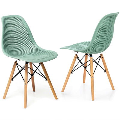 2 Pcs Modern Plastic Hollow Chair Set with Wood Leg-Green