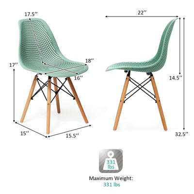 2 Pcs Modern Plastic Hollow Chair Set with Wood Leg-Green