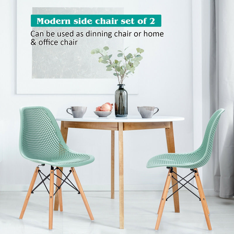 2 Pcs Modern Plastic Hollow Chair Set with Wood Leg-Green