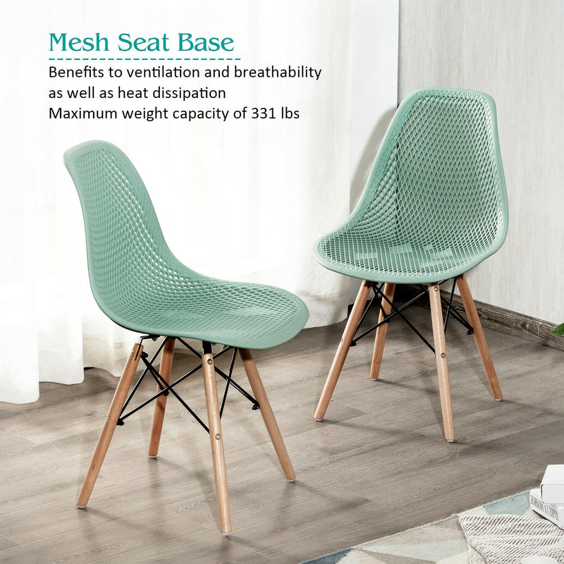 2 Pcs Modern Plastic Hollow Chair Set with Wood Leg-Green