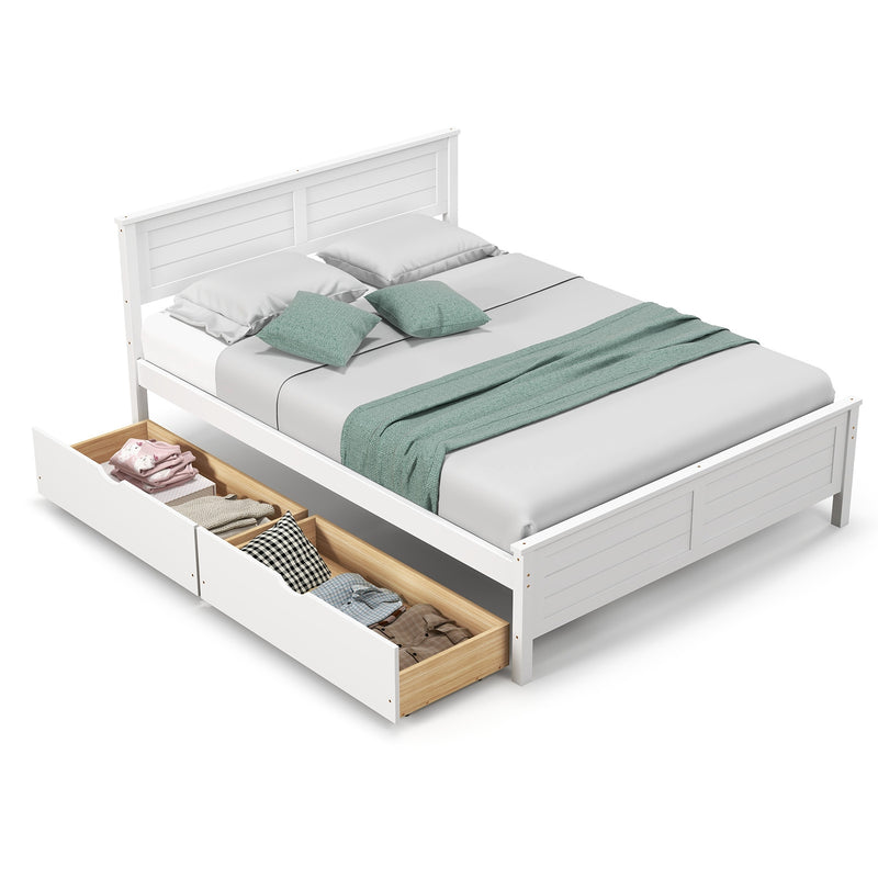 Full Size Bed Frame with Storage Drawers and Solid Wood Headboard-White