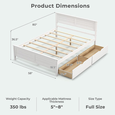 Full Size Bed Frame with Storage Drawers and Solid Wood Headboard-White