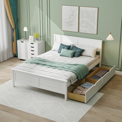 Full Size Bed Frame with Storage Drawers and Solid Wood Headboard-White