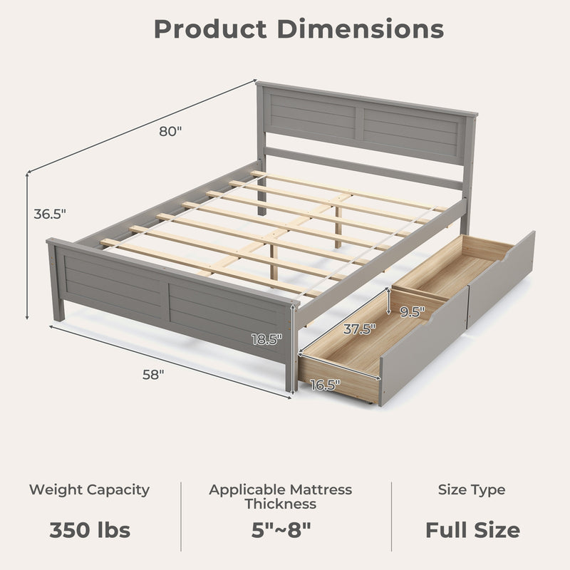 Full Size Bed Frame with Storage Drawers and Solid Wood Headboard-Gray