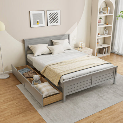 Full Size Bed Frame with Storage Drawers and Solid Wood Headboard-Gray