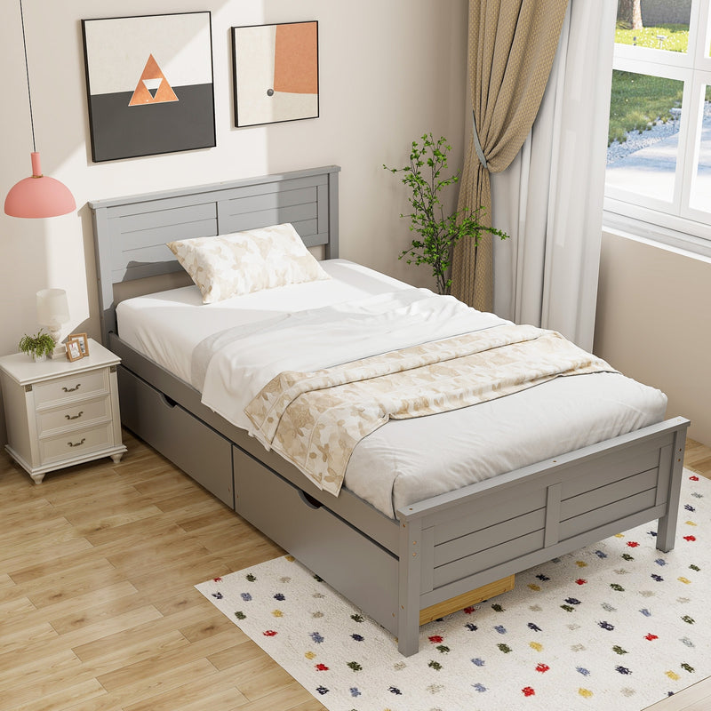 Twin Size Bed Frame with Storage Drawers-Gray