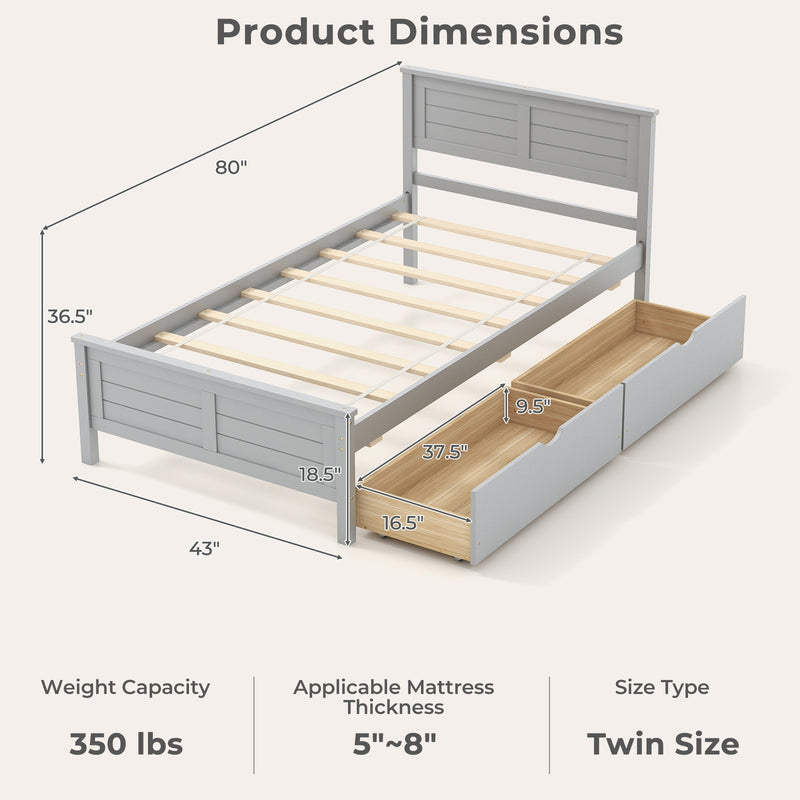 Twin Size Bed Frame with Storage Drawers-Gray