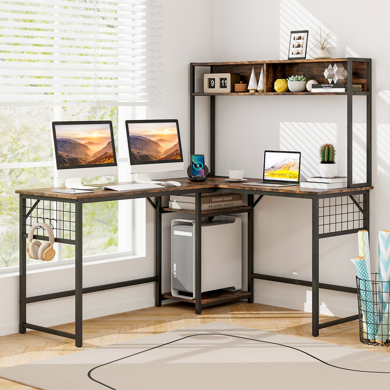 L-shaped Desk with Power Outlet Hutch-Rustic Brown