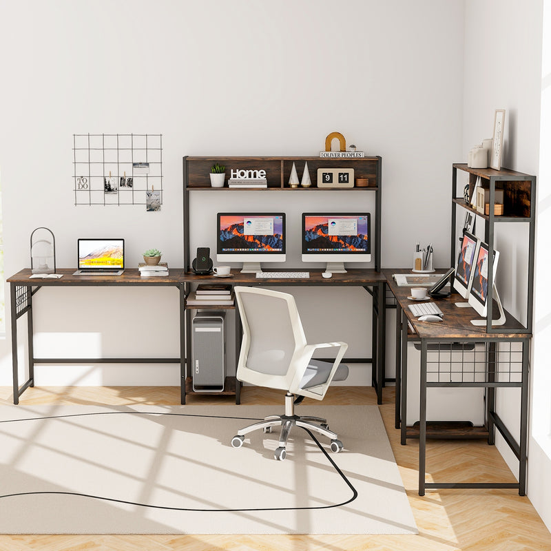 L-shaped Desk with Power Outlet Hutch-Rustic Brown