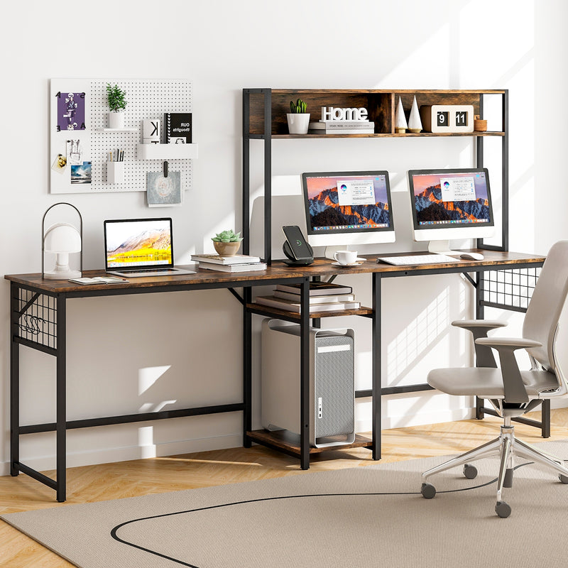 L-shaped Desk with Power Outlet Hutch-Rustic Brown