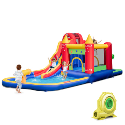 9-in-1 Inflatable Bounce Castle with Water Slide and Splash Pool with 735W Blower