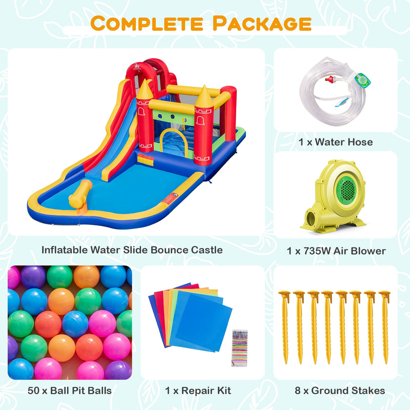 9-in-1 Inflatable Bounce Castle with Water Slide and Splash Pool with 735W Blower