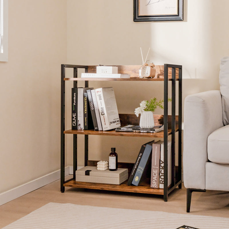 3-Tier Corner Bookcase with Adjustable Shelves and Metal Frame-Rustic Brown