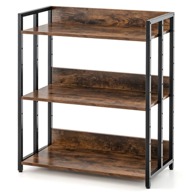 3-Tier Corner Bookcase with Adjustable Shelves and Metal Frame-Rustic Brown