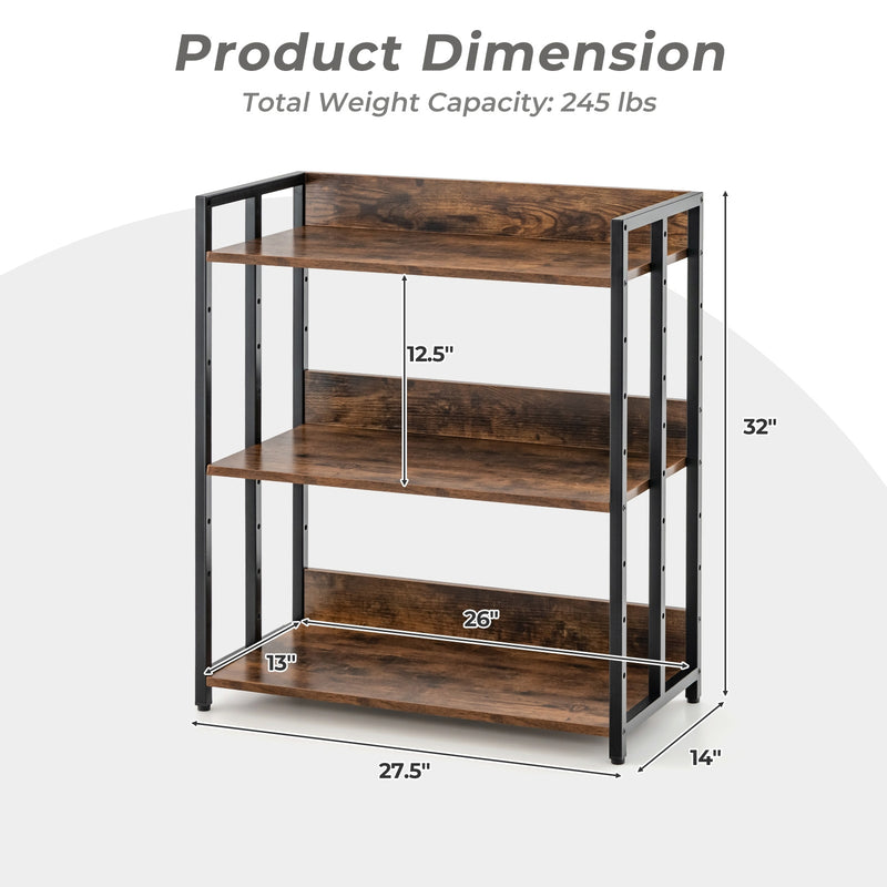 3-Tier Corner Bookcase with Adjustable Shelves and Metal Frame-Rustic Brown