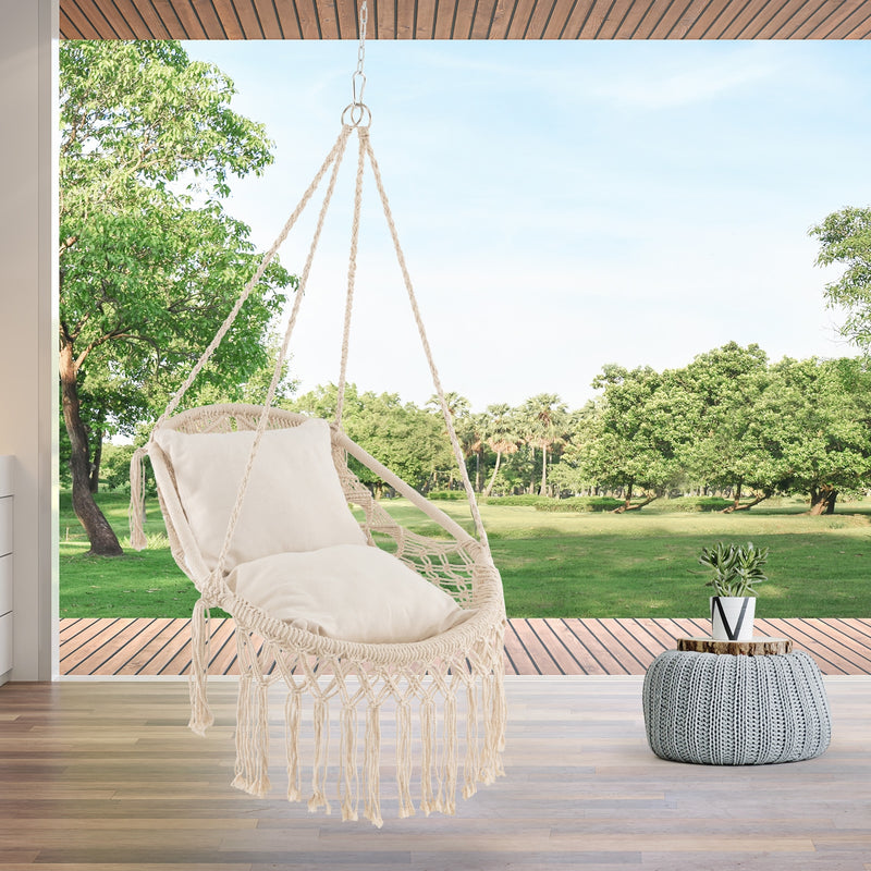 Hanging Hammock Chair with Soft Seat Cushions and Rope Chain-Beige