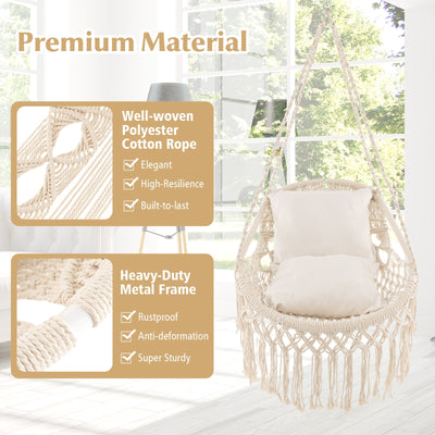 Hanging Hammock Chair with Soft Seat Cushions and Rope Chain-Beige