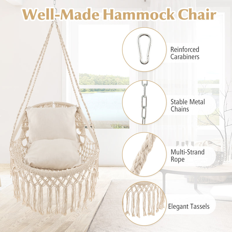 Hanging Hammock Chair with Soft Seat Cushions and Rope Chain-Beige