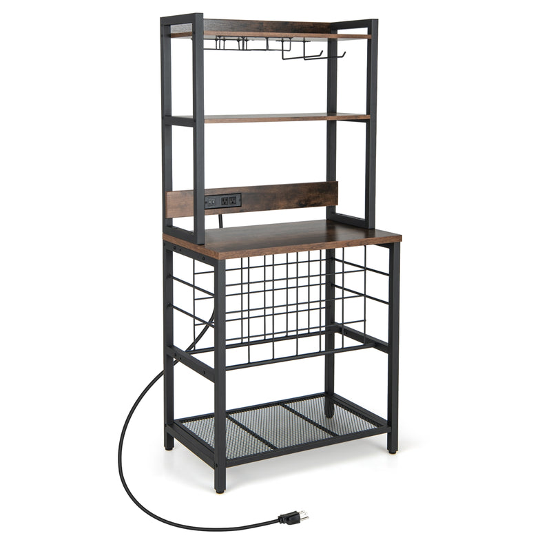 Wine Bar Cabinet Wine Rack with 4 Tier Storage Shelves and Glass Holders-Brown