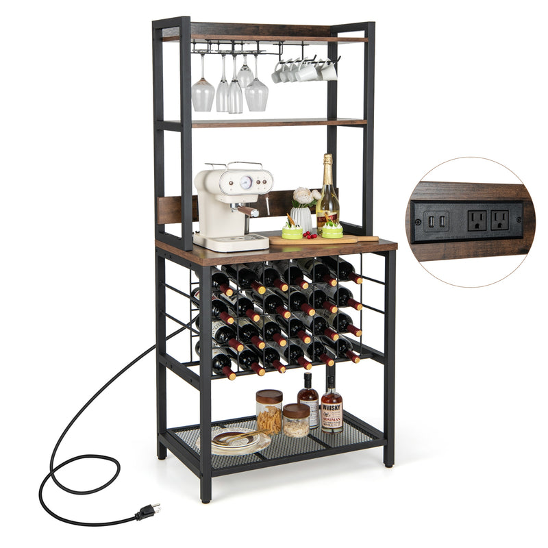 Wine Bar Cabinet Wine Rack with 4 Tier Storage Shelves and Glass Holders-Brown