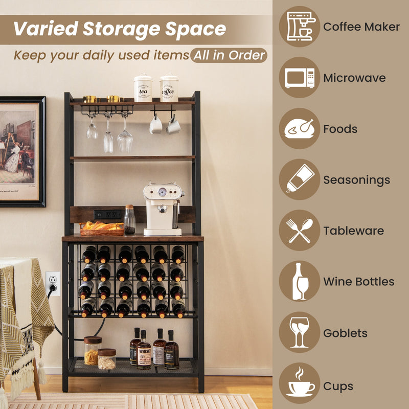 Wine Bar Cabinet Wine Rack with 4 Tier Storage Shelves and Glass Holders-Brown