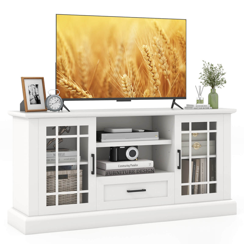 TV Stand for TVs up to 70  with Glass Doors Cubbies and Drawer-White