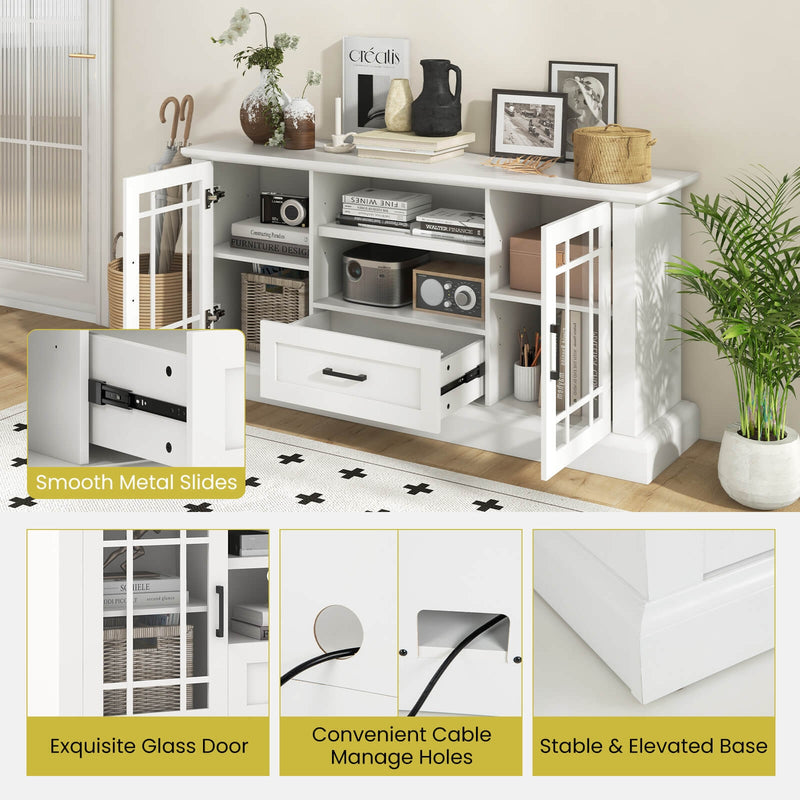 TV Stand for TVs up to 70  with Glass Doors Cubbies and Drawer-White