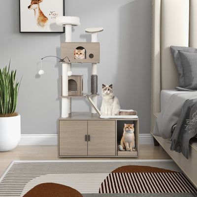 Cat Tree with Litter Box Enclosure for Indoor Cars-Gray