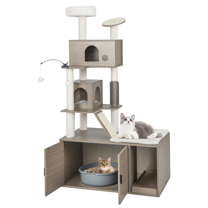 Cat Tree with Litter Box Enclosure for Indoor Cars-Gray