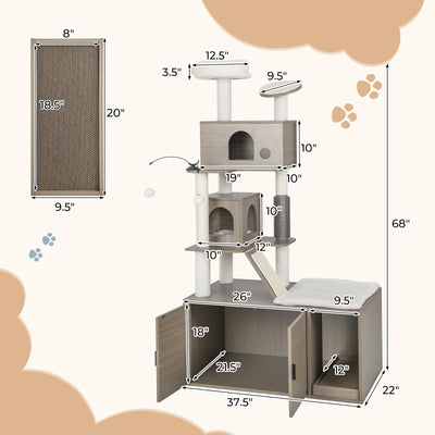 Cat Tree with Litter Box Enclosure for Indoor Cars-Gray