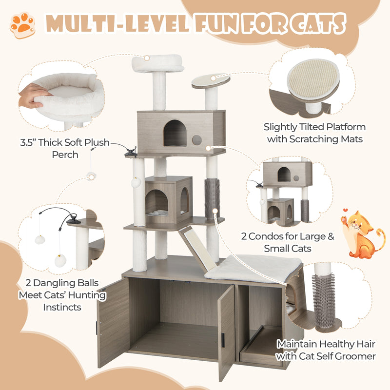 Cat Tree with Litter Box Enclosure for Indoor Cars-Gray