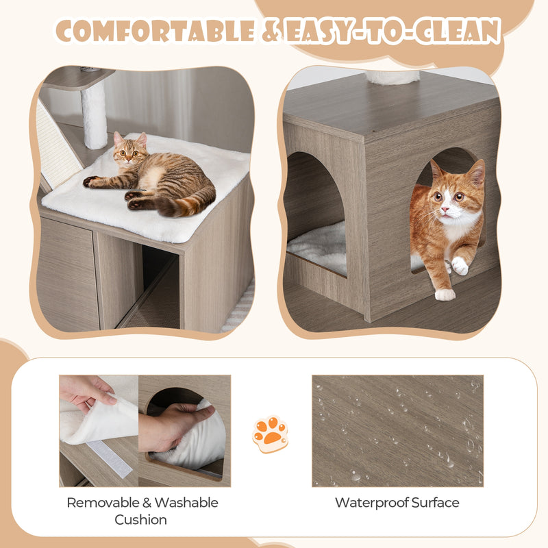 Cat Tree with Litter Box Enclosure for Indoor Cars-Gray