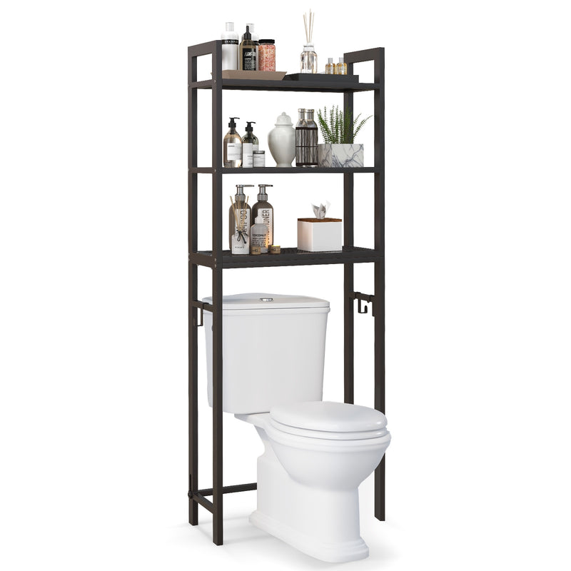 Over-The-Toilet Storage Shelf Space Saving Metal Bathroom Organizer Hooks-Brown