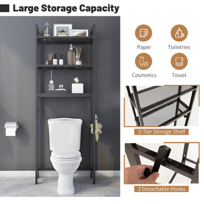 Over-The-Toilet Storage Shelf Space Saving Metal Bathroom Organizer Hooks-Brown