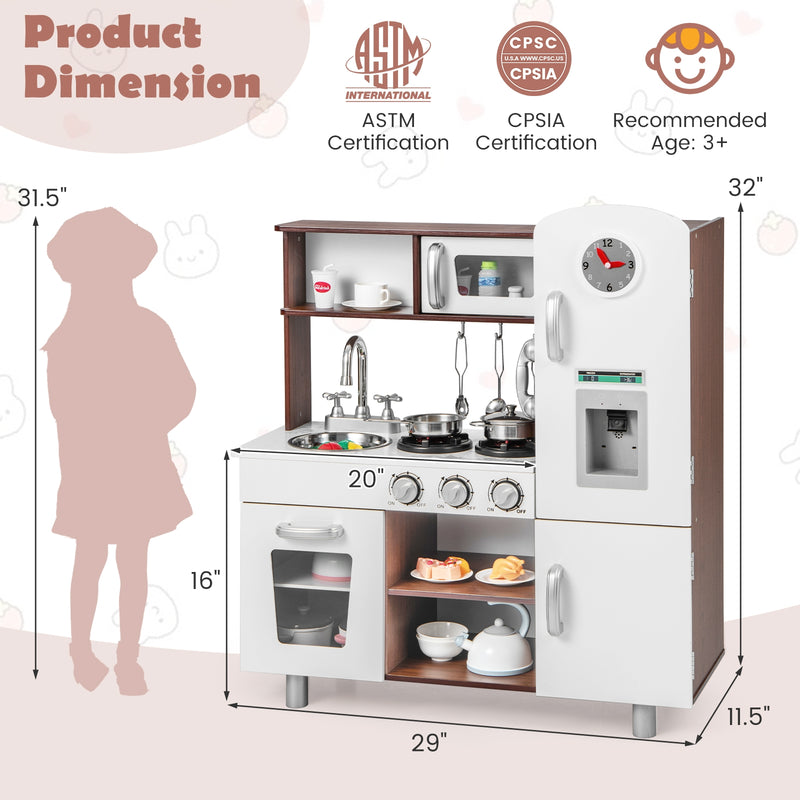 Kids Kitchen Playset with Realistic Sounds and Lights-Brown & White