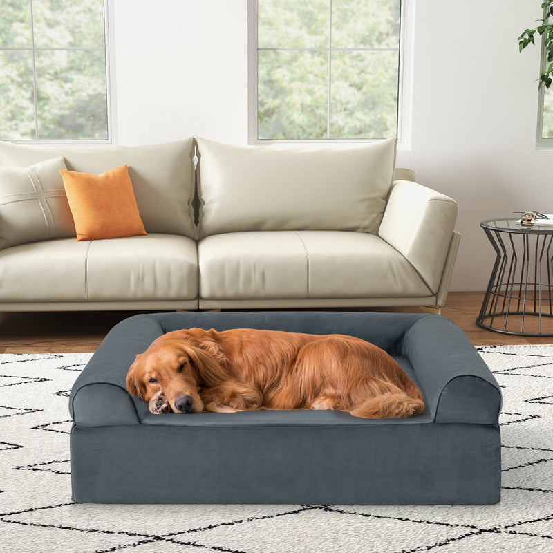 Orthopedic Dog Bed Memory Foam Pet Bed with Headrest for Large Dogs-Grey