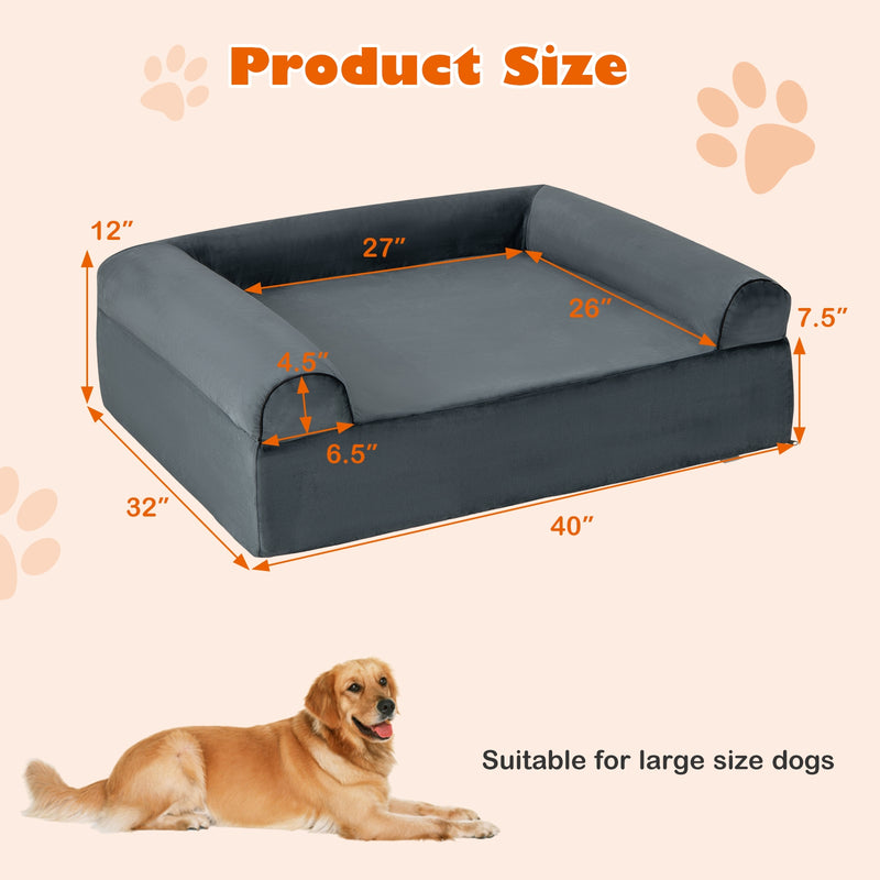 Orthopedic Dog Bed Memory Foam Pet Bed with Headrest for Large Dogs-Grey