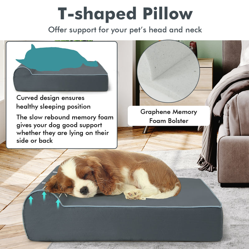 Orthopedic Dog Bed with Headrest and Removable Washable Cover-Grey