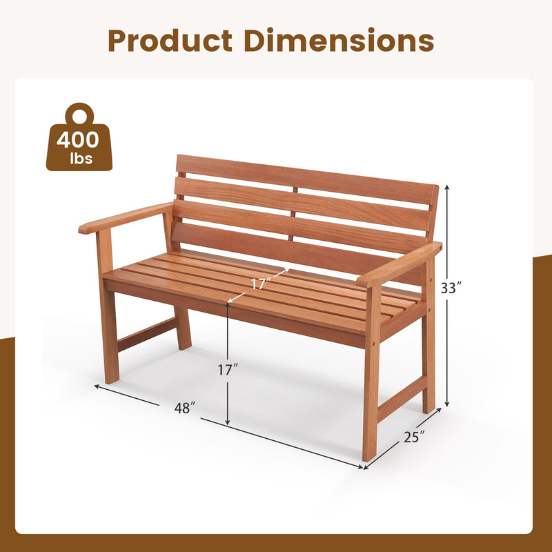 Patio Solid Wood Bench Wood 2-Seat Chair with Breathable Slatted Seat & Inclined Backrest