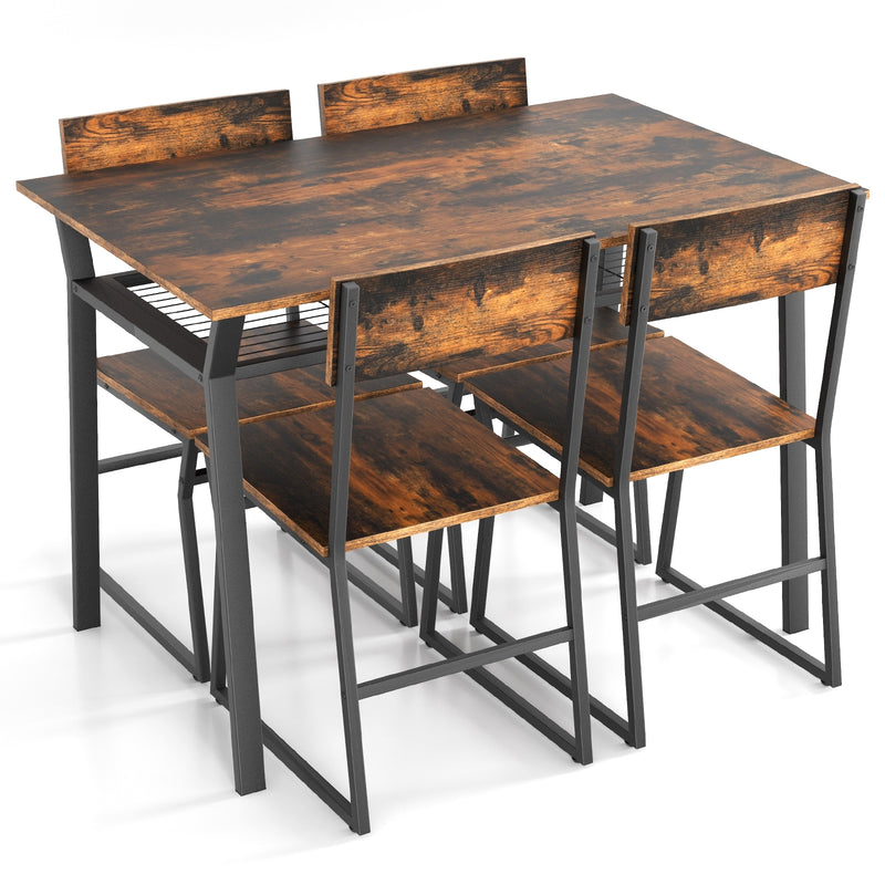 5 Piece Dining Table Set with Storage Rack and Metal Frame-Coffee