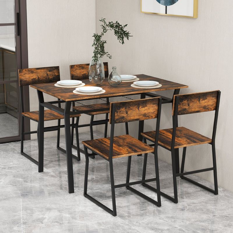 5 Piece Dining Table Set with Storage Rack and Metal Frame-Coffee