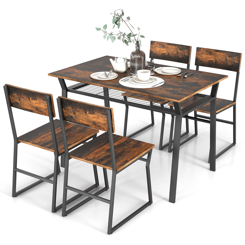 5 Piece Dining Table Set with Storage Rack and Metal Frame-Coffee