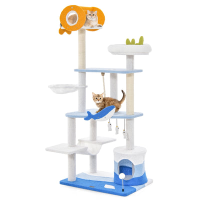 Multi-level Ocean-themed Cat Tree Tower with Sisal Covered Scratching Posts-Blue