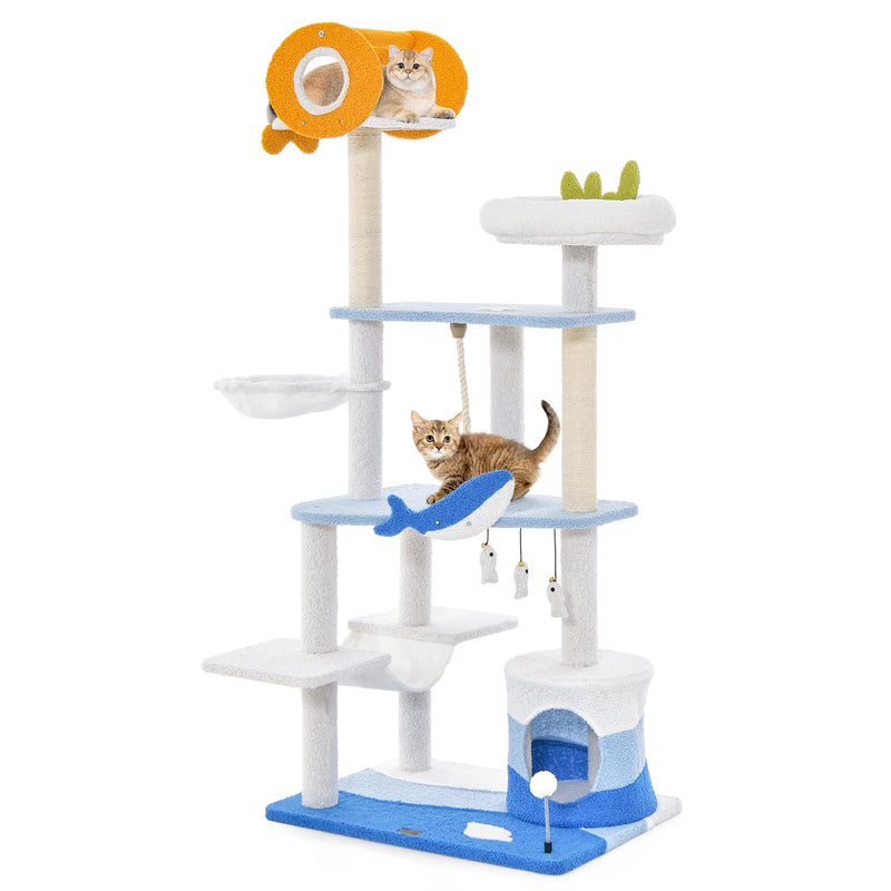 Multi-level Ocean-themed Cat Tree Tower with Sisal Covered Scratching Posts-Blue