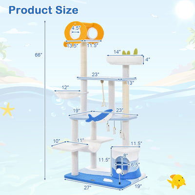 Multi-level Ocean-themed Cat Tree Tower with Sisal Covered Scratching Posts-Blue