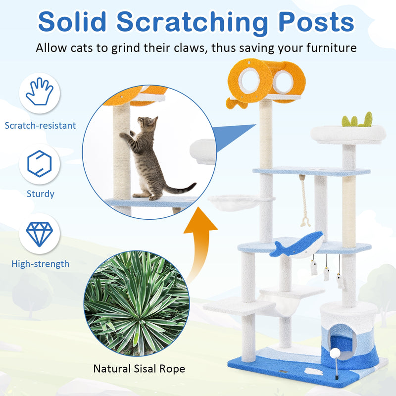 Multi-level Ocean-themed Cat Tree Tower with Sisal Covered Scratching Posts-Blue