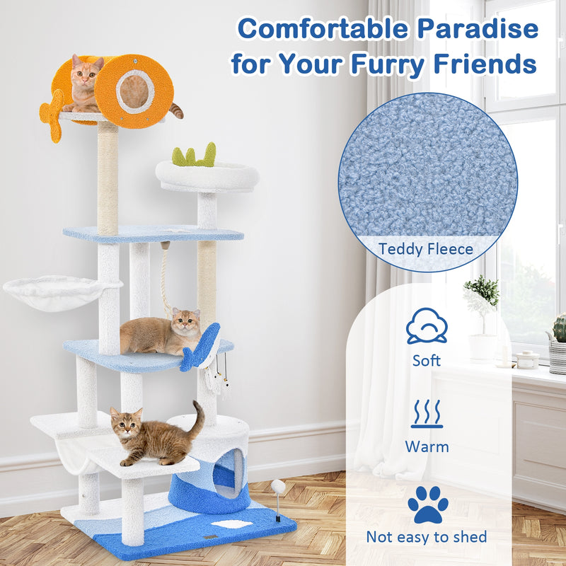 Multi-level Ocean-themed Cat Tree Tower with Sisal Covered Scratching Posts-Blue