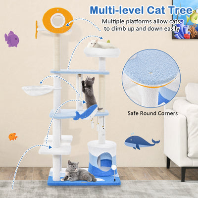 Multi-level Ocean-themed Cat Tree Tower with Sisal Covered Scratching Posts-Blue